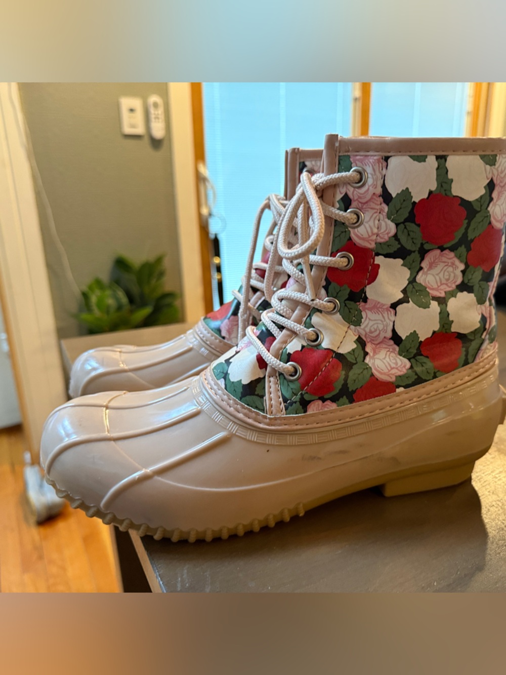Floral Sugar Floral Lace-Up Duck Boots in Cream, Pink, Red and Green
